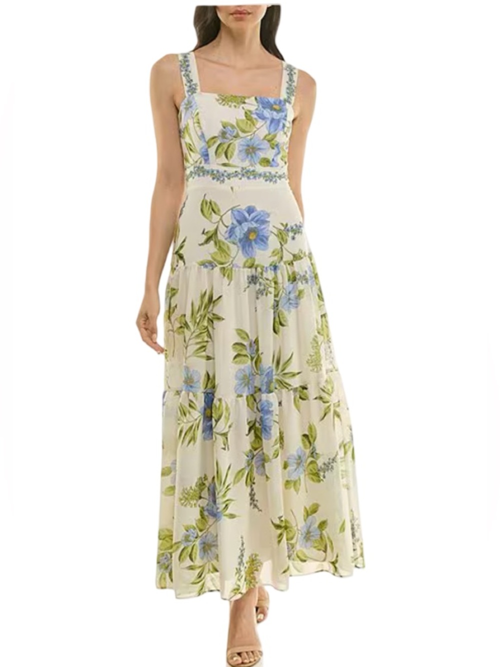 Moda Tara Sleeveless Square-Neck Floral Maxi Dress in Cream, Green and Blue